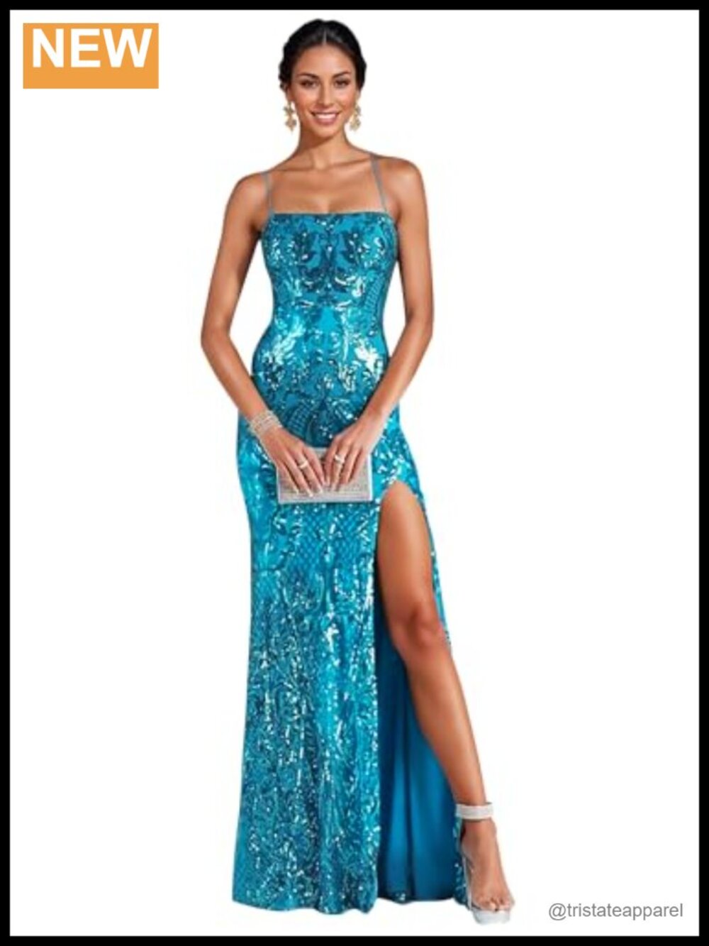 Rhinestone Embellished Formal Evening Gown High Slit Sheer Mesh Mermaid Dress